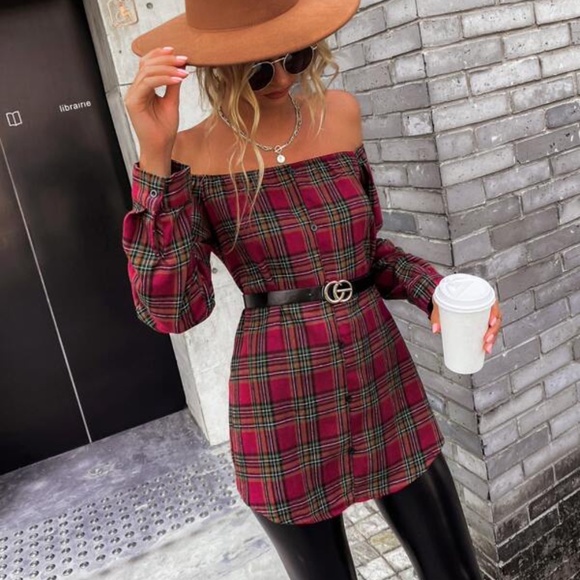 Cozy Plaid Off Shoulder Button up Top - Picture 2 of 4